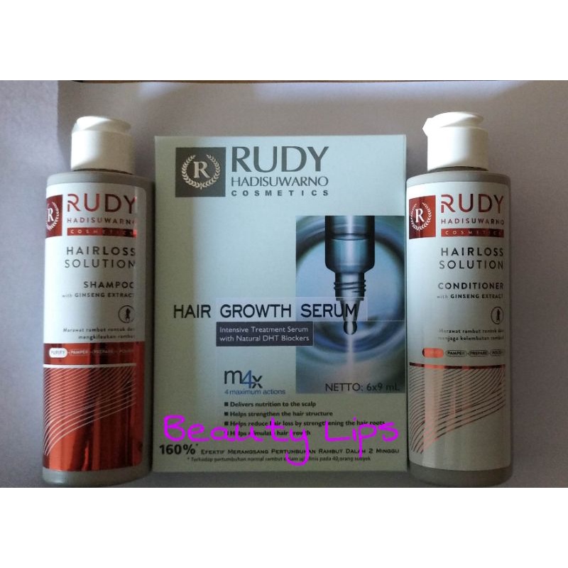 Paket Rudi / Rudy Hadisuwarno isi 3 : Shampo 200 ml + Conditioner 200ml + Serum Rambut 6 Botol ( Untuk Rambut Rontok )