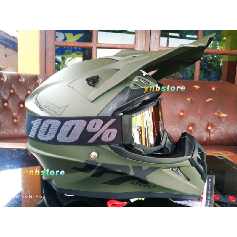 Helm JPX Cross Polos Hijau Army Doff + Kacamata Google 100%