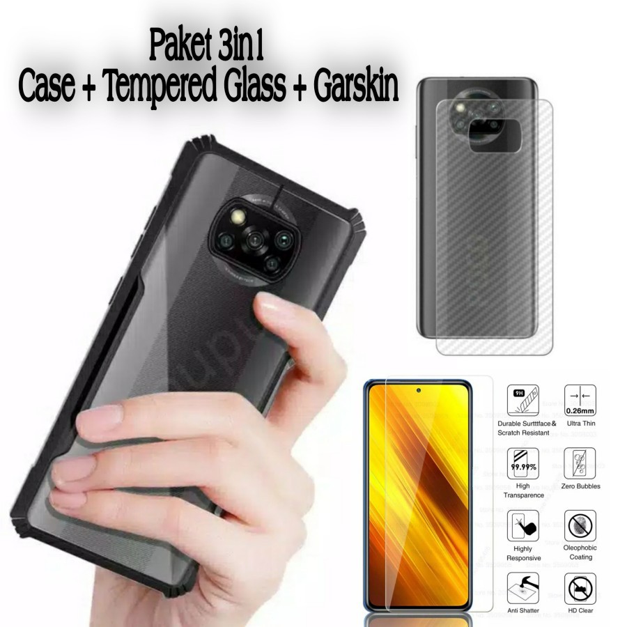 Promo Case POCO X3 PRO Paket 3in1 Hard Case Tempered Glass Layar Clear dan Skin Carbon Garskin