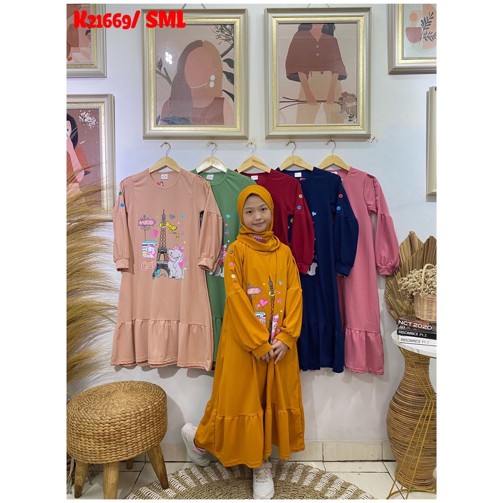 Gamis anak perempuan rempel motif paris bahan voxy premium merk latin (8-10 tahun)
