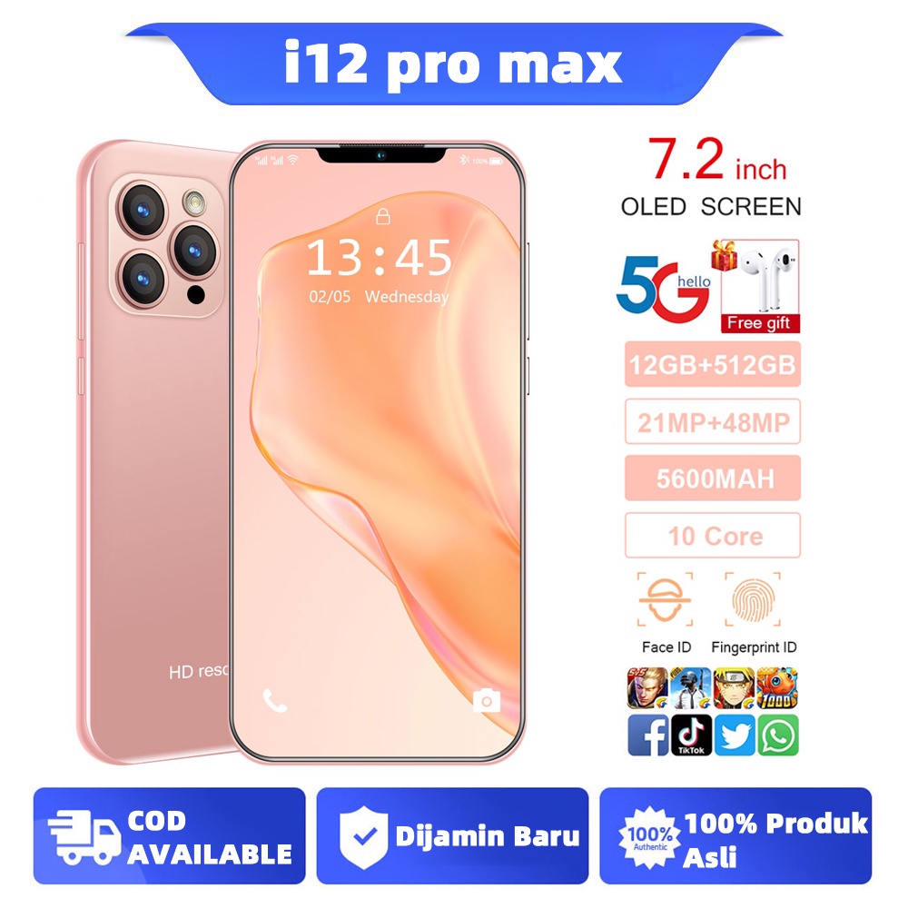 Baru Asli Smartphone i12 Pro Max Versi Global Handphone Android 7.2 Inci 5G/4G LTE Ponsel Original wajah unlock RAM 12GB + 512G ROM Moible phone Murah hp murah promo asli HD Kamera Handphone