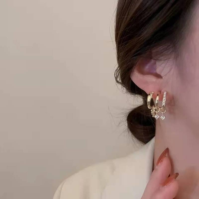 Anting Stud Zircon Mutiara Berlian Imitasi Multilayer Gaya Korea Untuk Aksesoris Perhiasan Wanita