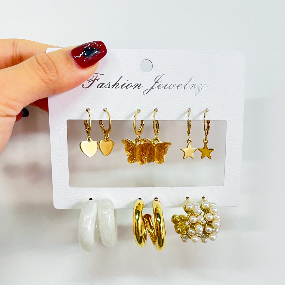 Butterfly set 6 Pasang Anting Mutiara Bentuk Kupu-Kupu Geometris Untuk Wanita