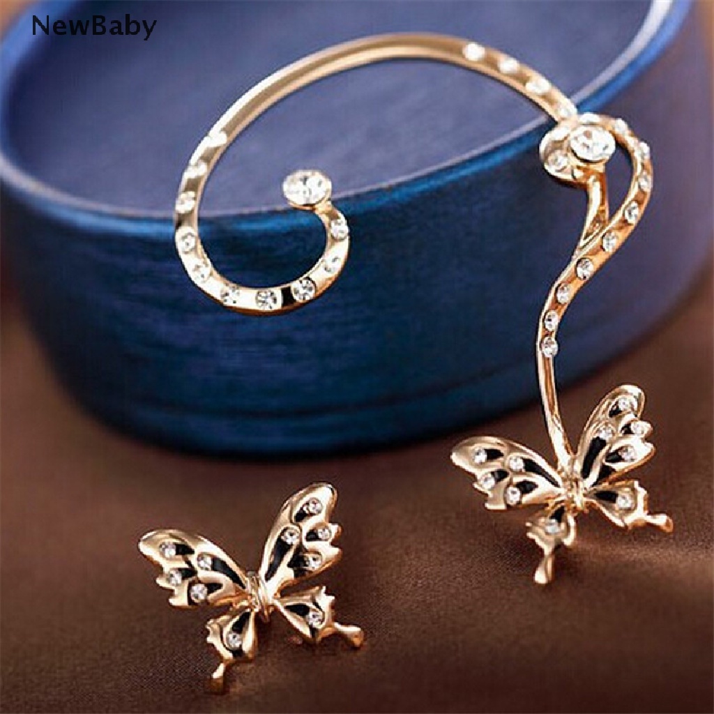 Newbaby 1 Pasang Anting Klip On Wanita Desain Kupu-Kupu Hias Kristal
