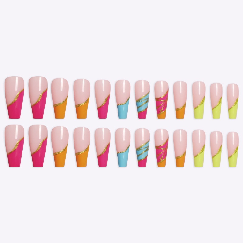 24pcs / Pak Kuku Palsu Akrilik Panjang Full Cover Warna Gradasi Emas Untuk Nail Art Diy