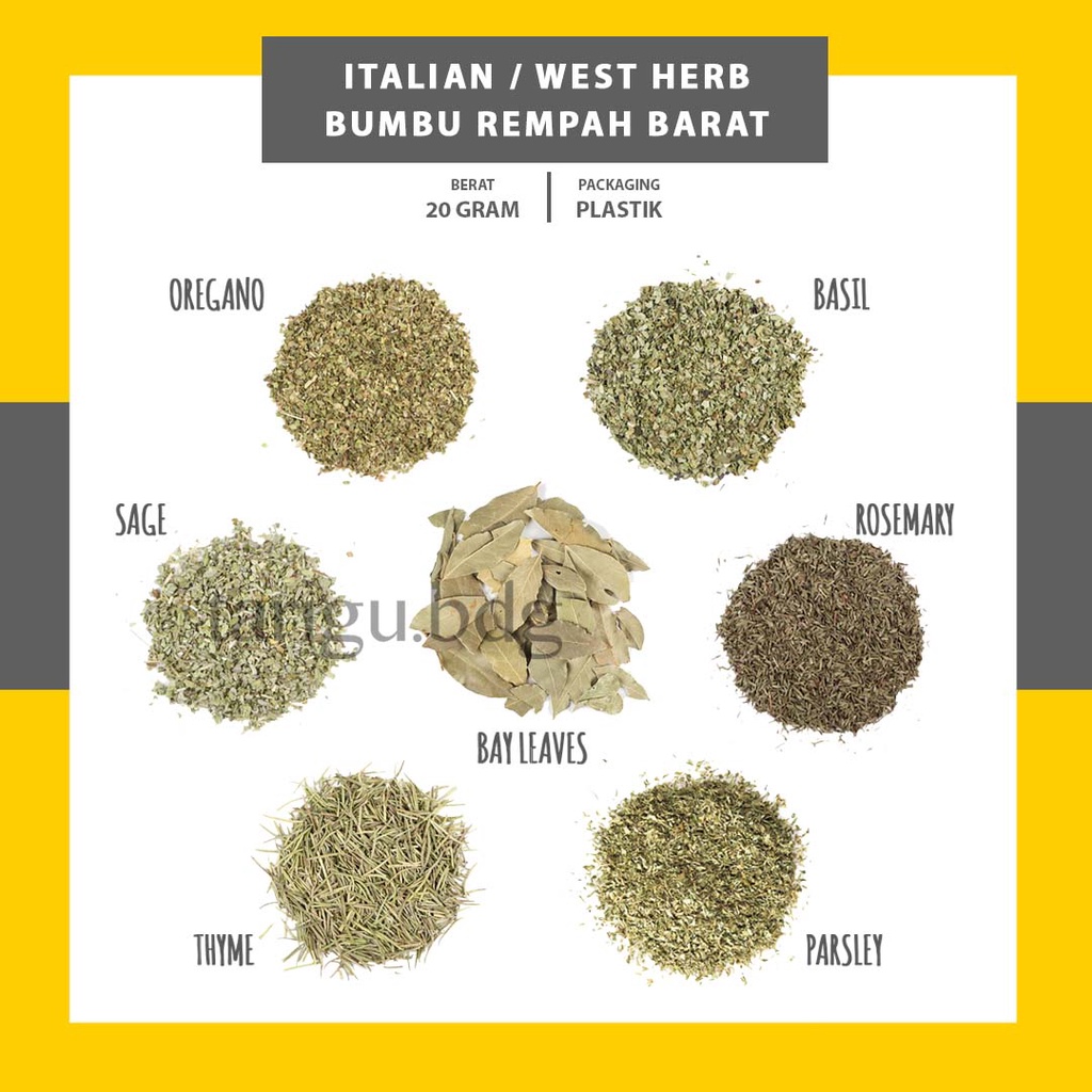 REMPAH KERING DRIED HERBS 20GR -  BASIL OREGANO - PARSLEY PETERSELI ROSEMARY - SAGE THYME BAY LEAVES