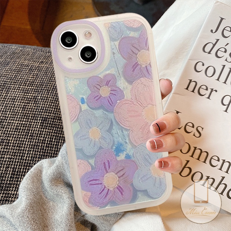 IPHONE Ins Fashion Retro Bunga Ungu Casing Ponsel Kompatibel Untuk Iphone11 7 8 Plus 12 13 11 14 Pro Max X XR XS Max 6 6s SE 2020 Plus Perlindungan Lensa Oval Soft TPU Cover