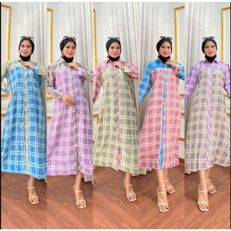 DRESS PANJANG MOTIF KOTAK BAJU VIRAL MIDI DRESS RAYON KANCING DEPAN