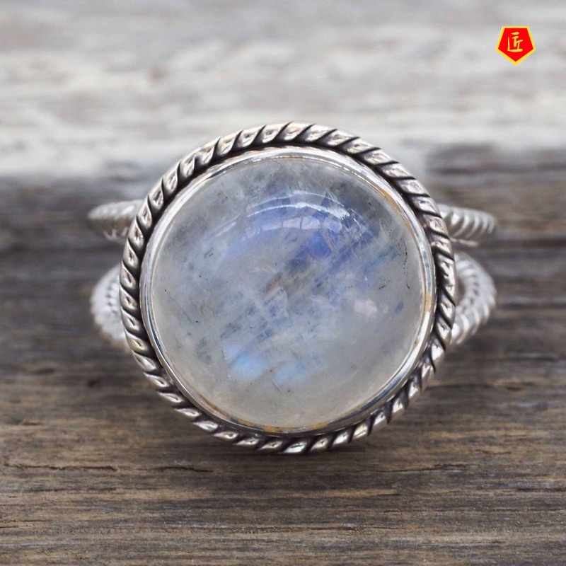 [Ready Stock]Round Moonstone Ring Vintage Silver Exaggerated Punk