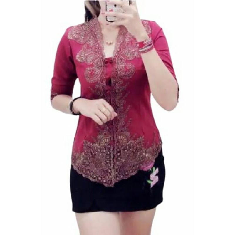 Promo kebaya Encim senada modern silky Korea import aplikasi brukat renda bordir-5