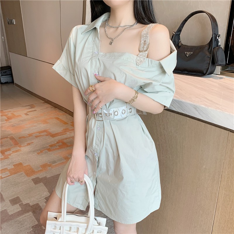 Suhao New Heart Machine Off-Shoulder Spliting Water Drilling Shoulder Strap Shirt Desain Rok Merasa Kecil Lengan Pendek Gaun dengan Sabuk