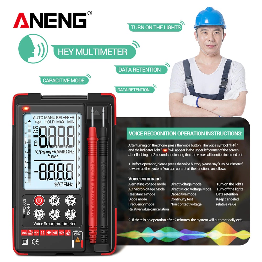 ANENG Multimeter Digital Tester Speech Recognition True RMS - Q60S - Black/Red