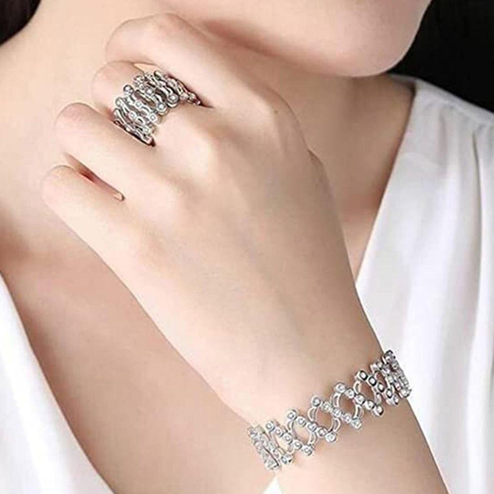 Mxbeauty Ditarik Cincin Gelang Tujuan Ganda Perhiasan Kepribadian Kristal Gelang Cincin Lipat Berlian Imitasi Tembaga Fleksibel Jari Gesper