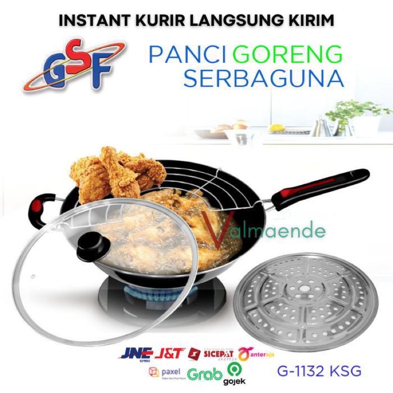 Wajan Set Serbaguna anti Lengket GSF 1132KSG Wajan Kukus 32cm Penutup Kaca Wok Panci Goreng Penggoreangan Serbaguna Tirisan Minyak Steamer Kukusan GSF 1032K 1132KSG