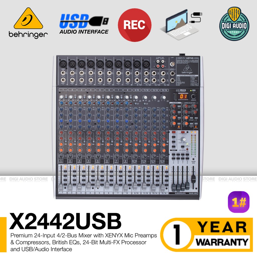 Audio Mixer 12 Channel Behringer XENYX X2442USB with Soundcard USB Audio Interface Recording &amp; Efek