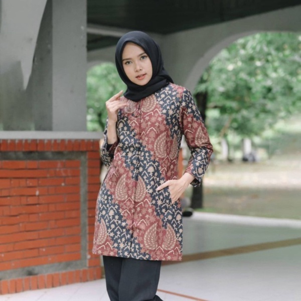 Dijual atasan batik wanita modern dress tunik batik kerja premium Peach Jumbo - Merah XXXL Diskon
