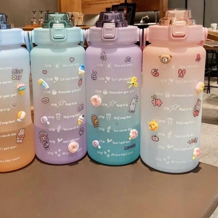 ♦ Botol Minum Gradasi ORIGINAL Jumbo Tritan Transparan Full Colour Olahraga Travel Motivasi Penanda 