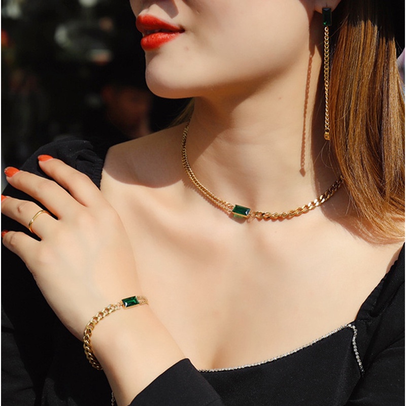 Set Kalung Gelang Rantai Ganda Hias Zamrud Zircon Gaya Retro Untuk Dekorasi