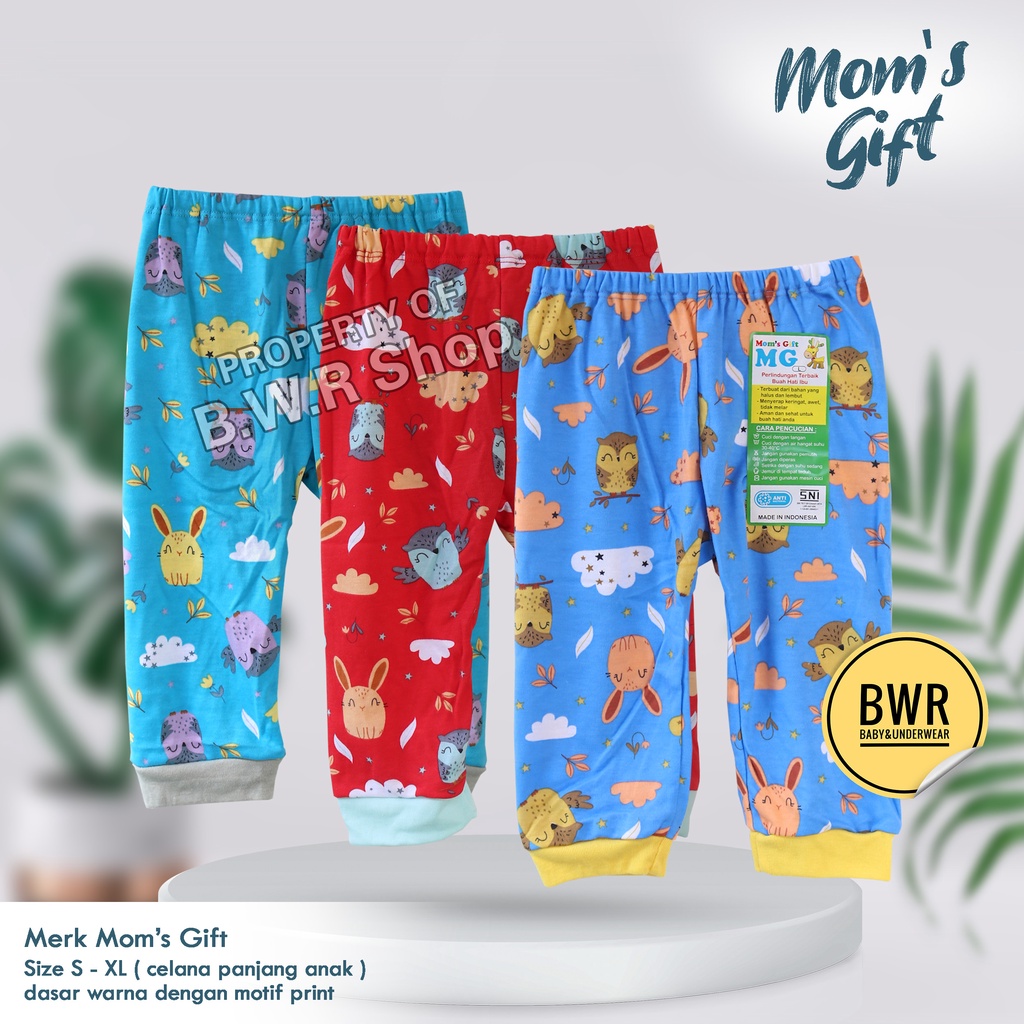 [ 3pc ] Celana PANJANG WARNA Moms Gift / Celana Bayi Mom's Gift Warna Motif / Celana Anak Unisex SML | Bwr