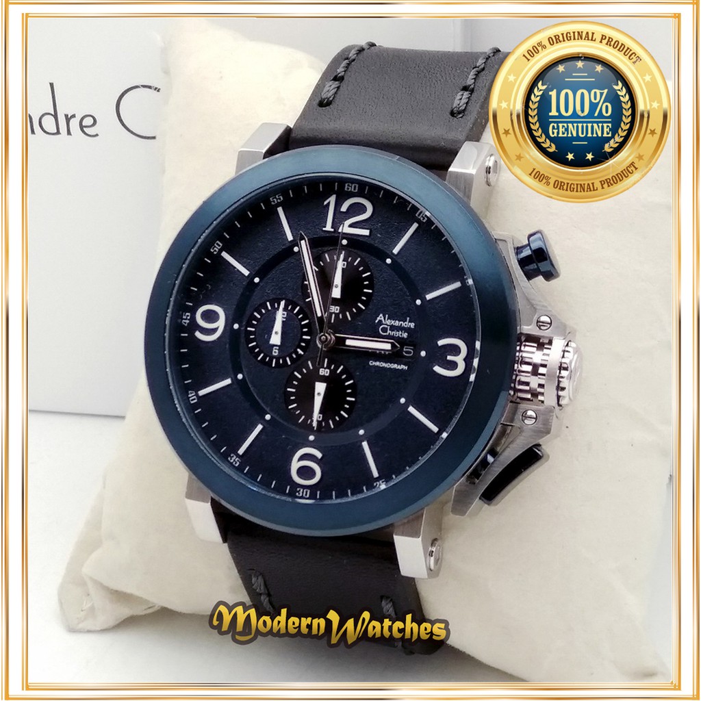 Jam Tangan Pria Ori Alexandre Christie AC 6281 Silver Biru Hitam Blue Black Kulit Original Alexander