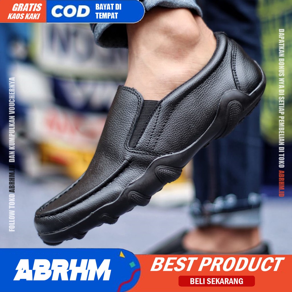 ABRHM x BARAN Sepatu Slip On Pria Sepatu Casual Pria Kulit Asli Ori Cowok/Cowo Sepatu Kerja Sepatu Kasual Semi Formal Gaya Santai Keren Kekinian Murah Original Terlaris