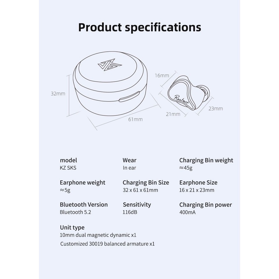 Knowledge Zenith Earphone Bluetooth TWS KZ SKS Wireless - Hybrid Driver - APTX - Bluetooth 5.2