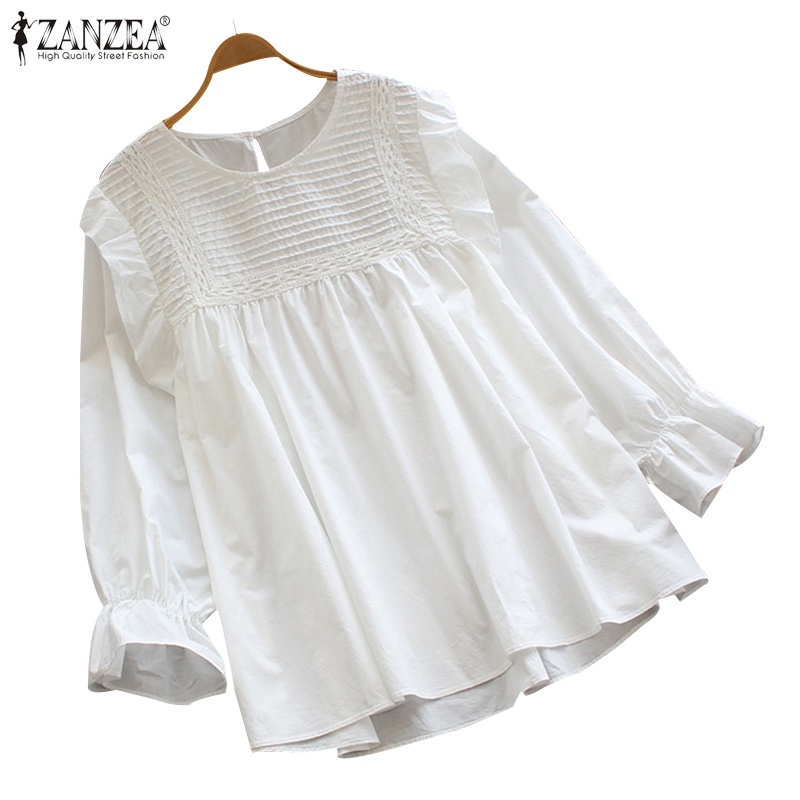 ZANZEA Women Long Sleeve Vintage Ruffle Embroidery Loose Blouse