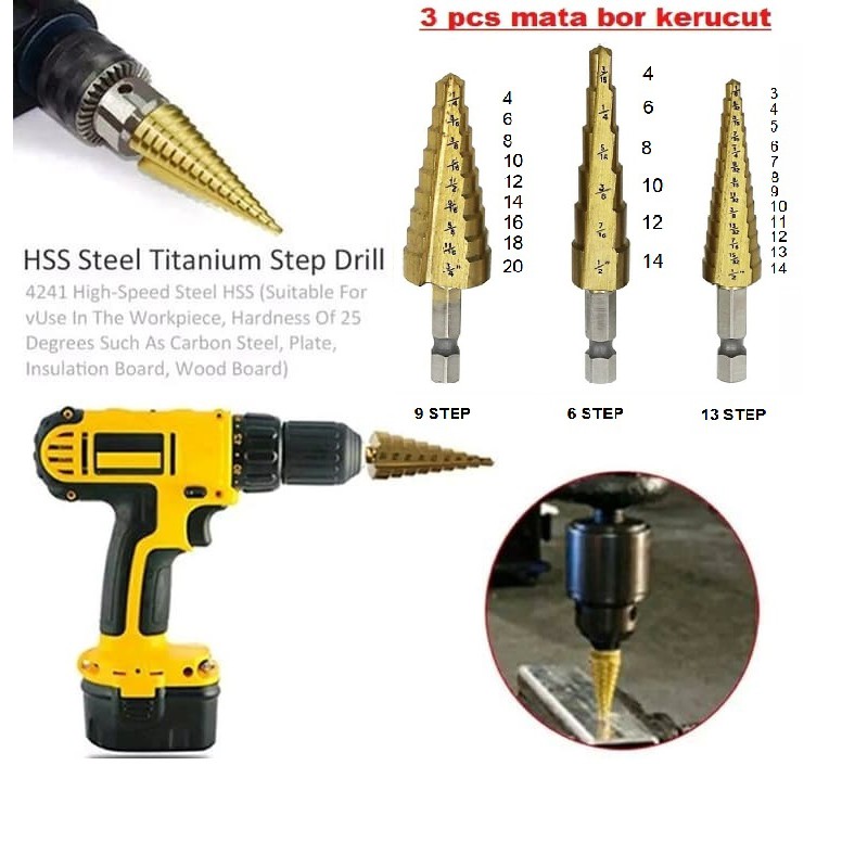 MATA BOR PAGODA HSS BOR KERUCUT STEP DRILL BOR SET TITANIUM BOR BESI KAYU MULTI STEP AA