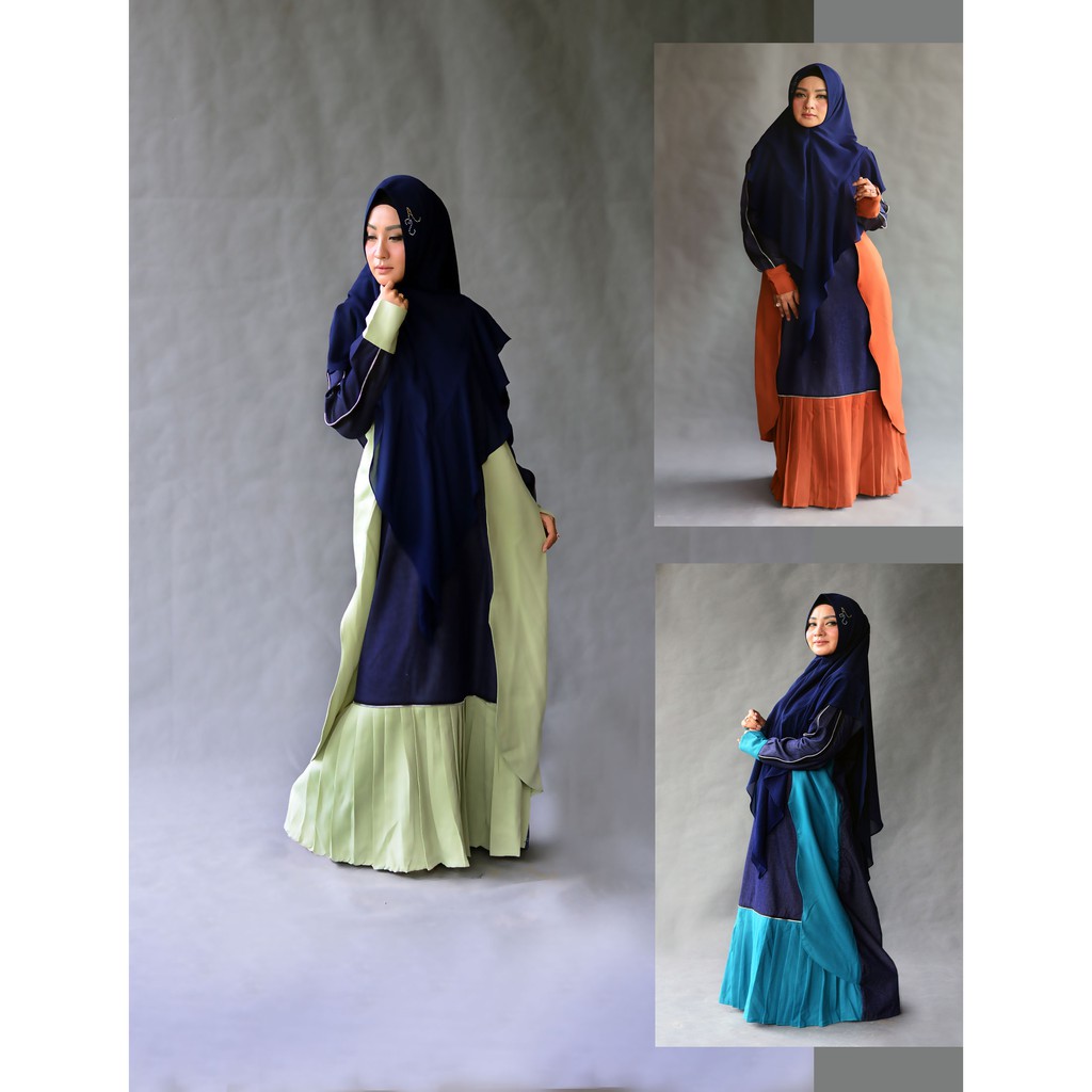 GAMIS MODERN MOSCREPE KOMBINASI JEANS HIJAU CANTIK
