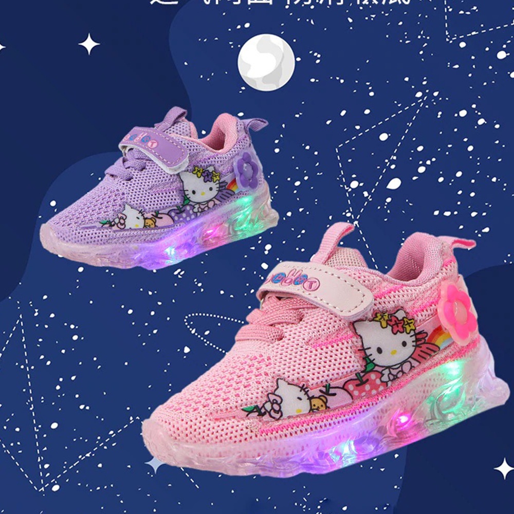 Sepatu Sneakers Anak LED Perempuan Motif Hello Kity Lucu Import