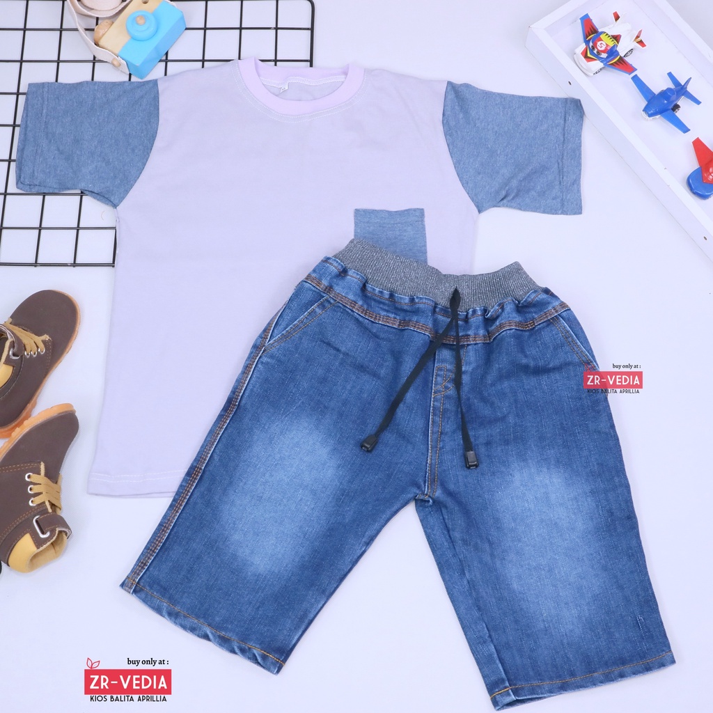 Setelan John Ethes uk 5-6 Tahun /  Set Lengan Pendek Anak Laki-Laki Celana Jeans Kantong Baju Oblong