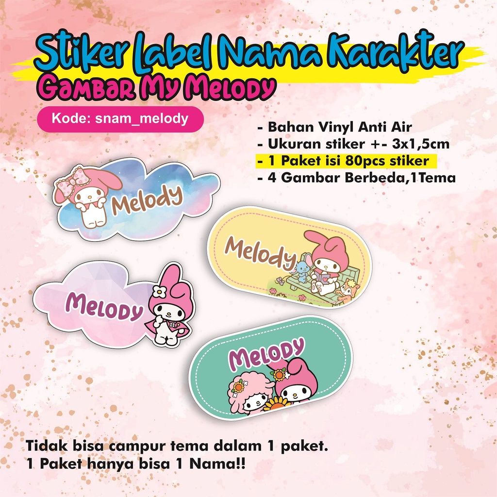 

[Isi 80pcs] - Stiker Nama Karakter Sanrio - MyMelody / Hello Kitty / Cinnamoroll