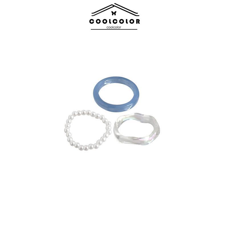 Murah❤️3 Pcs/Set Cincin Resin Korea Sederhana Ring Mutiara Wanita Anti Karat Dan Anti Luntur Set Untuk Hadiah Ulang Tahun Aksesoris Fashion COD
