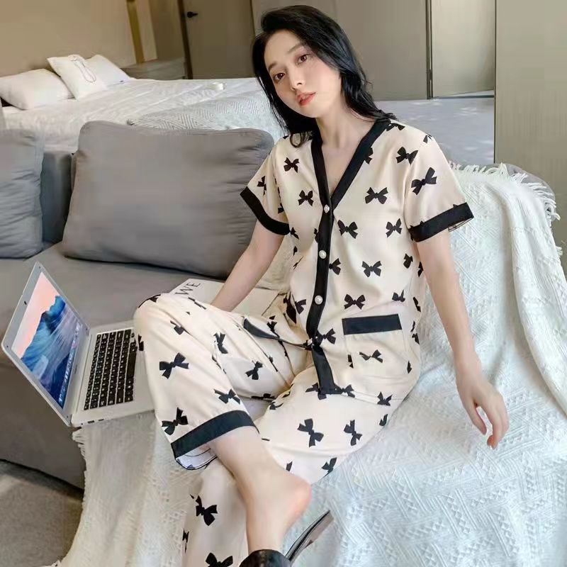 Baru musim panas es sutra piyama wanita atasan lengan pendek + celana setelan homewear