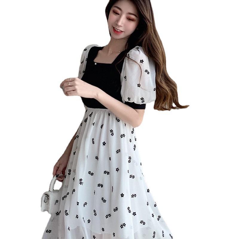 [littlecrab] Dress Square Neck Hitam Putih Dot Long Dress Atasan Hitam Karet Gaun Putih Motif Bunga Hitam Lengan Balon Pendek Simple Berkualitas Kasual Simply Korean Style