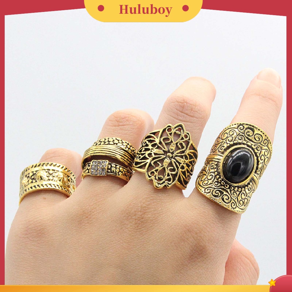 Hu Hu Hu Hu Hu Alat Bantu Pasang Kacamata♡ 4pcs / Set Cincin Knuckle Bahan Alloy Desain Ukiran Hollow Gaya Etnik Untuk Unisex