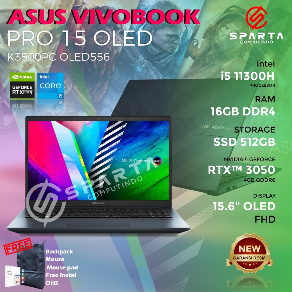 Laptop Gaming ASUS VIVOBOOK PRO 15 K3500PC OLED556 I5 11300H 16GB 512SSD RTX3050 4GB W11+OHS 15.6FHD