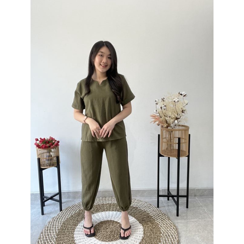 Set linen Vneck jogger | Set linen jogger 7/8 onesize