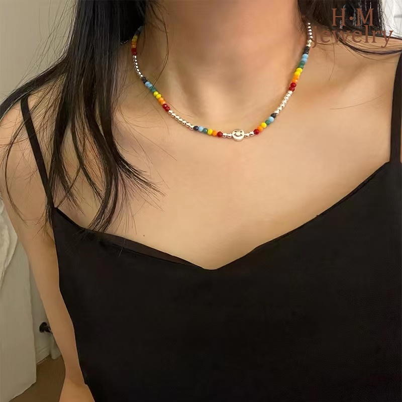 Kalung Rantai Clavicle Twin Hias Liontin Smiley Multi Warna Untuk Wanita 2022