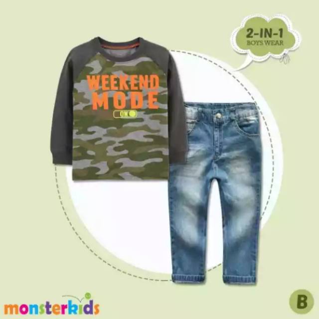 Baju anak laki 2-in-1 motif army set jeans