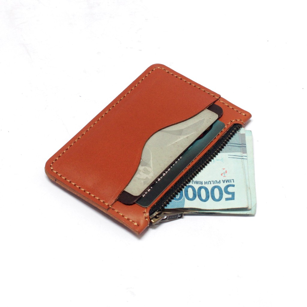 dompet kartu zipper resleting kulit asli tan coklat - PHWL691