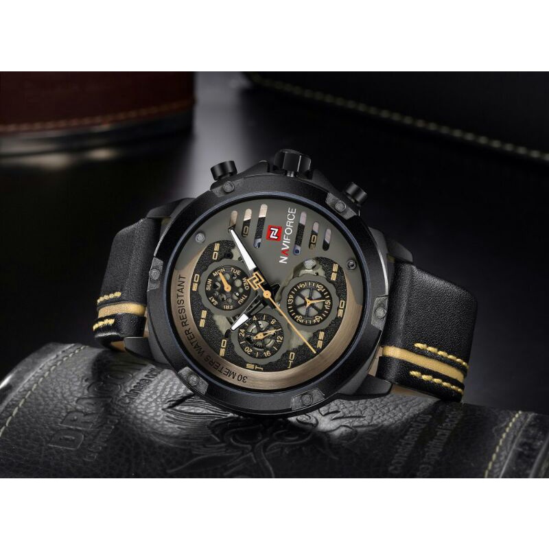 Jam tangan Naviforce 9110 Tali Kulit Crono aktif Original Pria