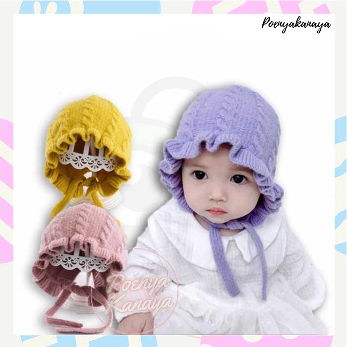 Topi Kupluk Bayi Rajut Bonet Bonnet Ruffle Hat Baby Girl Perempuan Rajut Lucu TP19