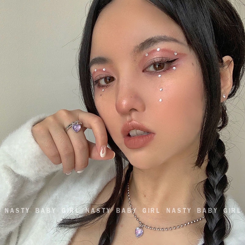 Manis Gadis Keren ungu cinta hati berbentuk cincin Instagram mesh Merah fashion gaya dingin niche mi