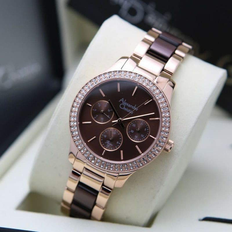 Jam Tangan Alexander Christie Wanita Brown Rosegold ac2914 Original