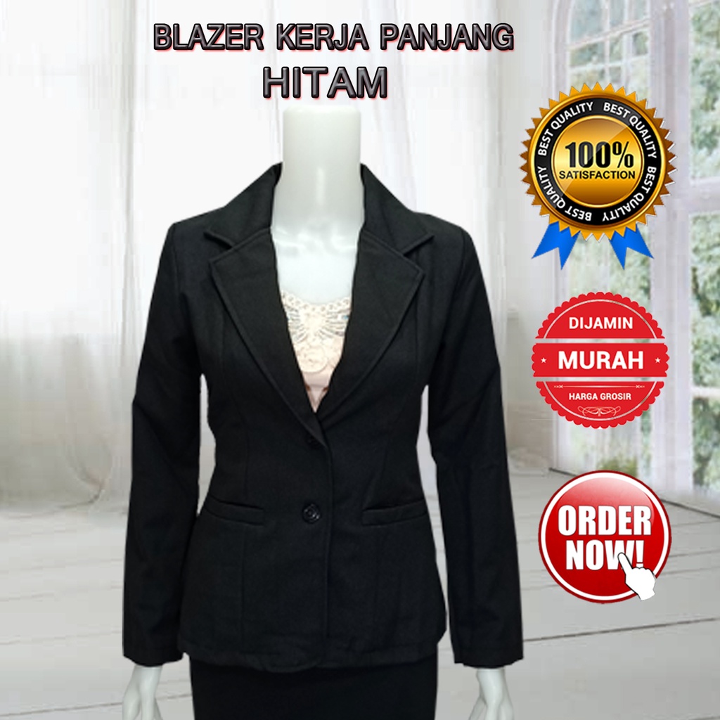 Blazer Kerja Wanita Lengan Panjang Hitam  Model Kancing 2 Bahan Gabardin