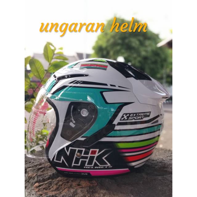Helm NHK R1 Motif Rainbow White Tosca Putih Biru Tosca Half Face Double Visor