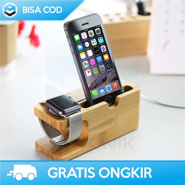 HOLDER HP DAN JAM WATCH DOCK STANDING SMARTPHONE KAYU DESAIN KLASIK