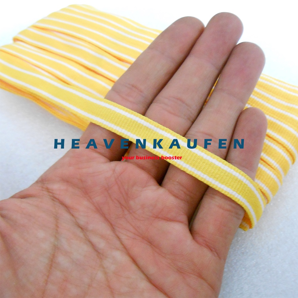 Webbing Strip Halus Lebar 1 cm Warna Kuning Strip Putih Harga Per Rol isi 18 Meter