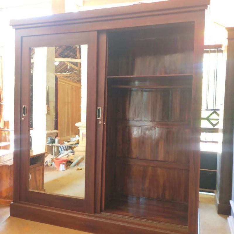 lemari pakaian 2 pintu sliding jumbo kayu jati / lemari baju sliding jati murah besar awet